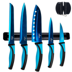 Kitchen Knife Set Kit | Blue Handle, Blue Blade & Black Magnetic Rack
